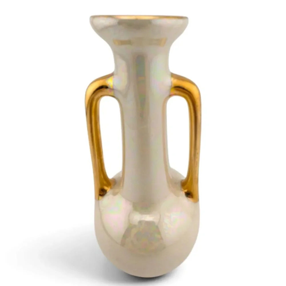 Vintage 1940s 50s Iridescent Luster Amphora Vase Gold Trim Double Handle 6.25